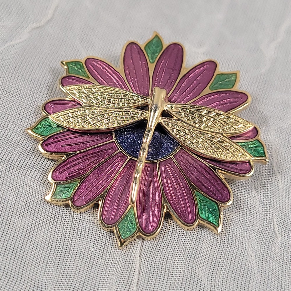 Fish Enterprises Dragonfly Flower Brooch Purple Gold Enamel Cloisonne Pin